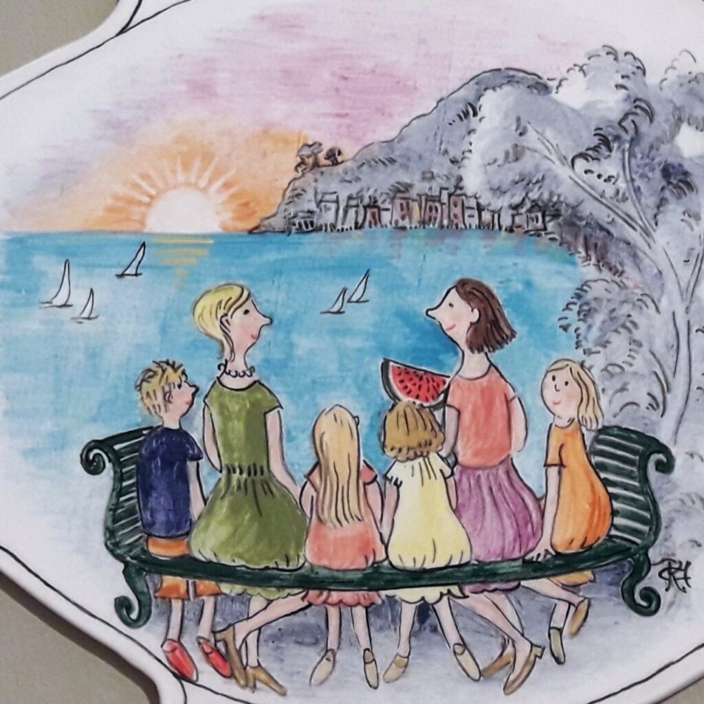 Pesce con tramonto, terraglia con decoro sottocristallina